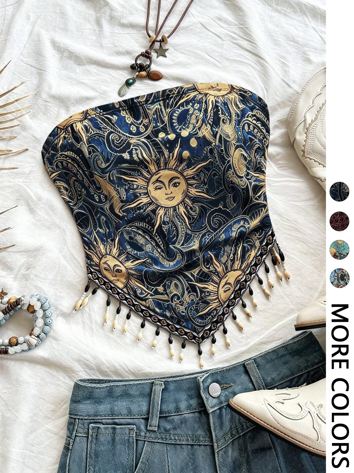 Top de malha estampado feminin - Beaded Trim Fringe avaliação e preço